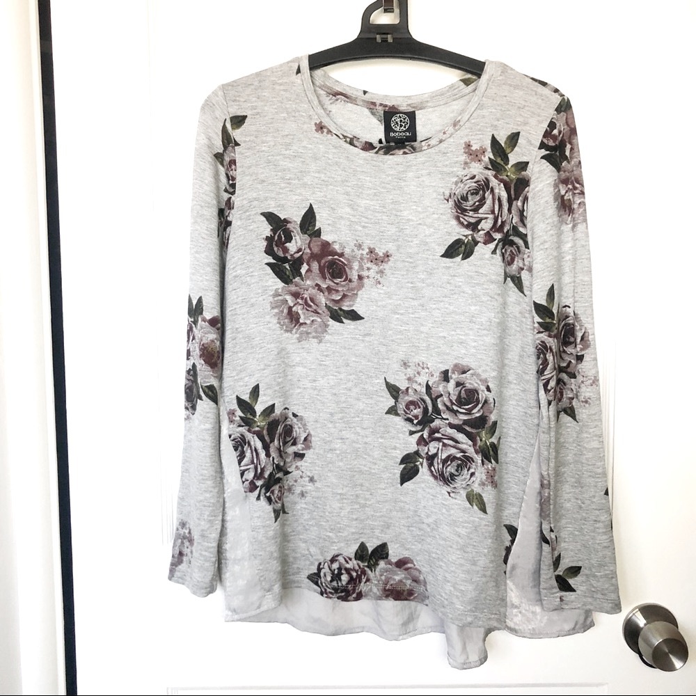 Nordstrom Bobeau Long Sleeve Floral Top Gray Sz SP